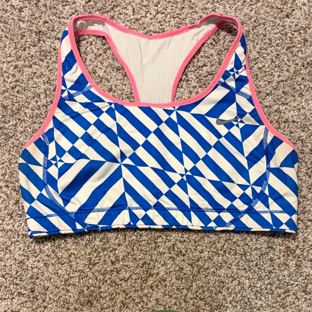 Nike Blue and White Sports Bra with Pink Trim